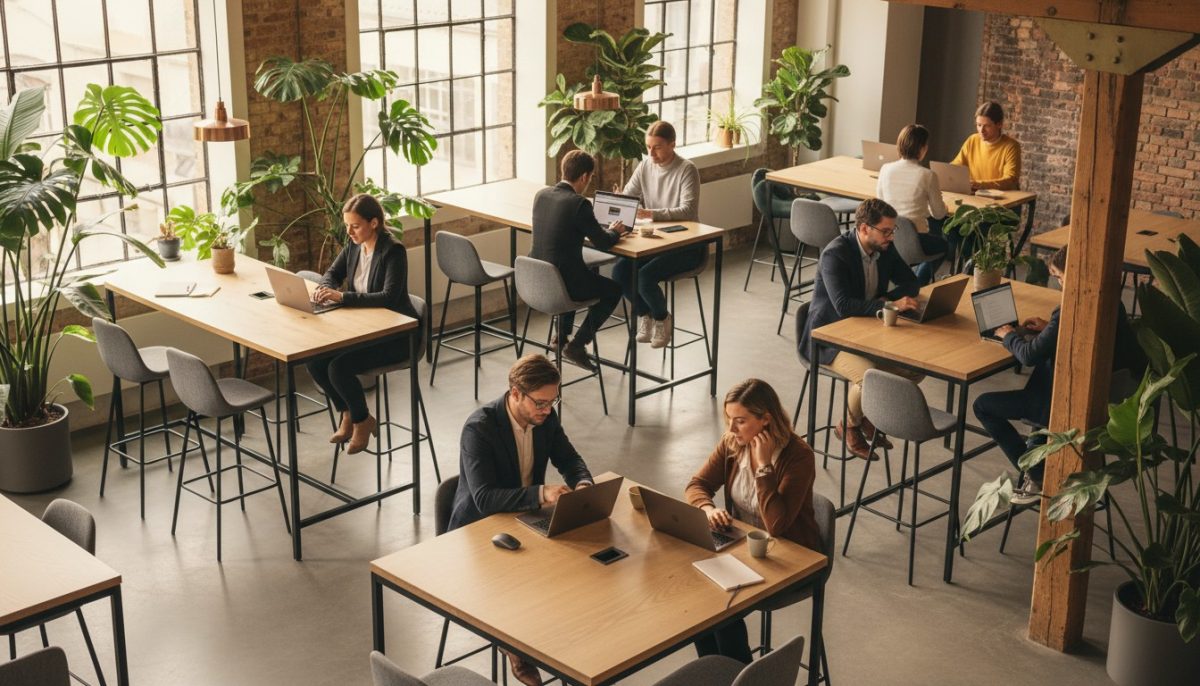 Espace coworking avec plantes et laptops Espace coworking avec plantes et laptops